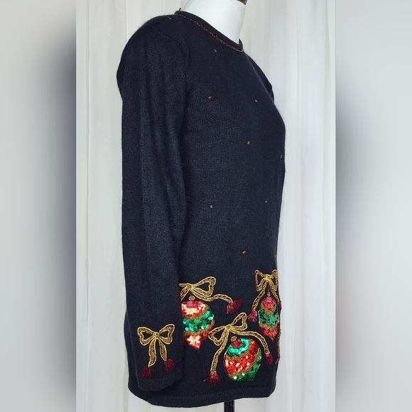 Vintage 80s black beaded sequin Xmas Christmas ornaments novelty sweater S - Picture 4 of 8